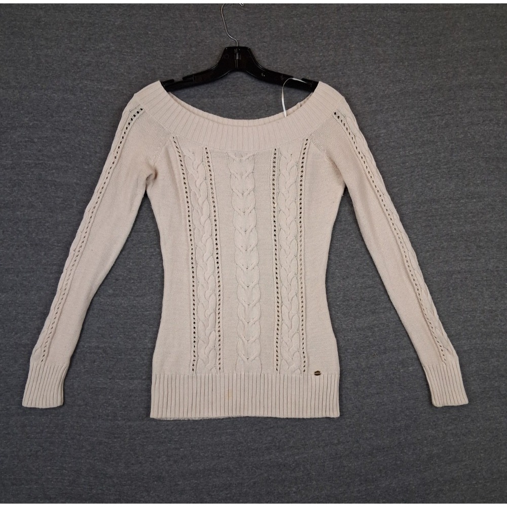 Guess Womens Sweater S Beige Cable Knit Boatneck Fisherman Coastal Preppy Casual